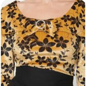 UNIQUE VINTAGE SZ S gold black velvet floral wide collar bow top blouse NWT b95